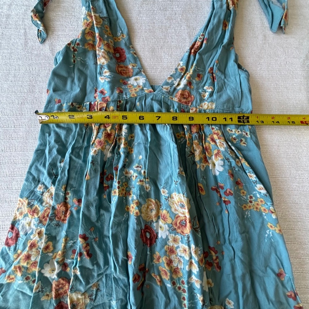 ONeill Teal Floral Tie Strap V-Neck Empire Waist Mini Dress Small Sundress Boho - Picture 7 of 8